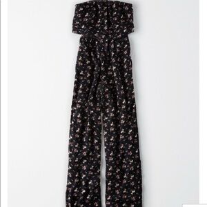 American Eagle NWT strapless black floral jumpsuit wide leg size small
